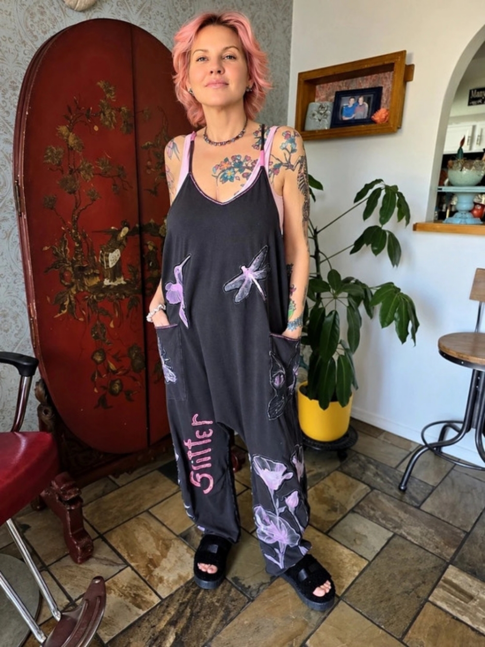 We The Free & Me Floral Embroidered Jumpsuit in Black & Pink Like New
